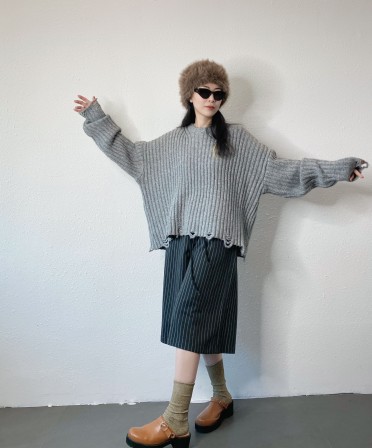 Grey Oversized Raw Edge Knit #241239